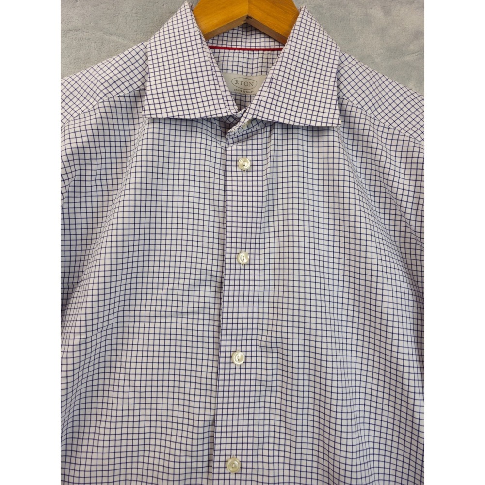 Eton Contemporary Mens Micro Gingham Check Dress Shirt White Blue Size 16.5 - 42